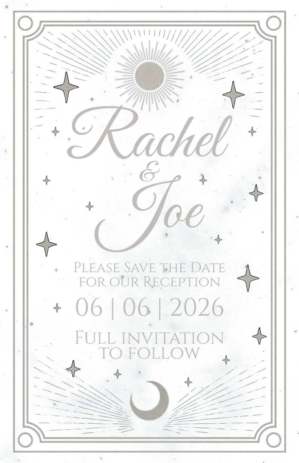 Please save the date for Rachel & Joe's reception: June 6th, 2026. Full invitation to follow.